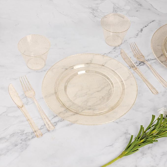 Goodluck 350 Piece Gold Glitter Plastic Dinnerware Set for 50 Guests