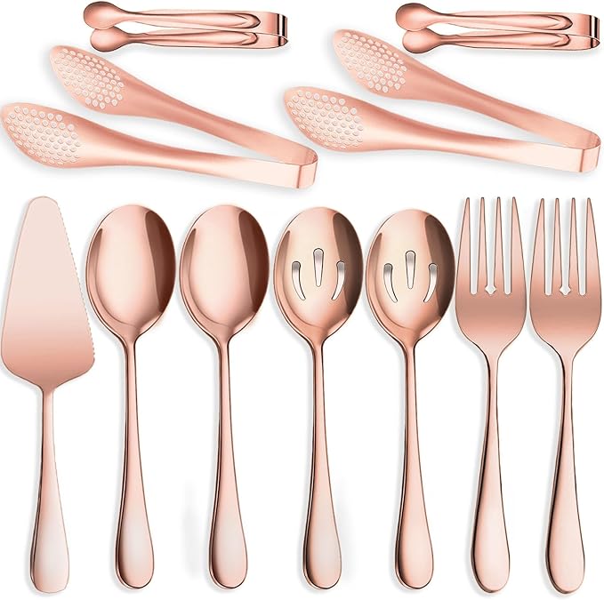 IAXSEE 11 PCS Serving Utensils, Large Stainless Steel Spoons Forks Tongs, Pie Server, Great for Hostess Buffet Catering Banquet Party, Rose Gold