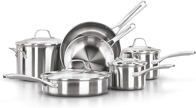 Calphalon Classic Stainless Steel Cookware Set, Impact-Bonded Aluminum Base, Stay-Cool Handles, Oven Safe 450F, Silver