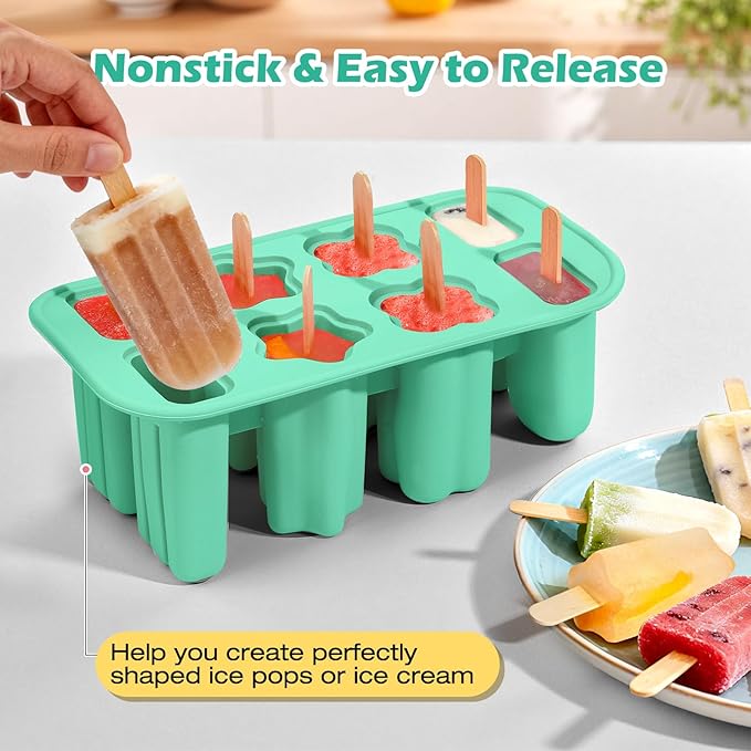Firstfooby Popsicles Molds, 8-Cavity Silicone Popsicle Molds with 50 Sticks, BPA-Free Ice Pop Mold Popsicle Maker with Funnel & Cleaning Brush for Kids Adult Teens