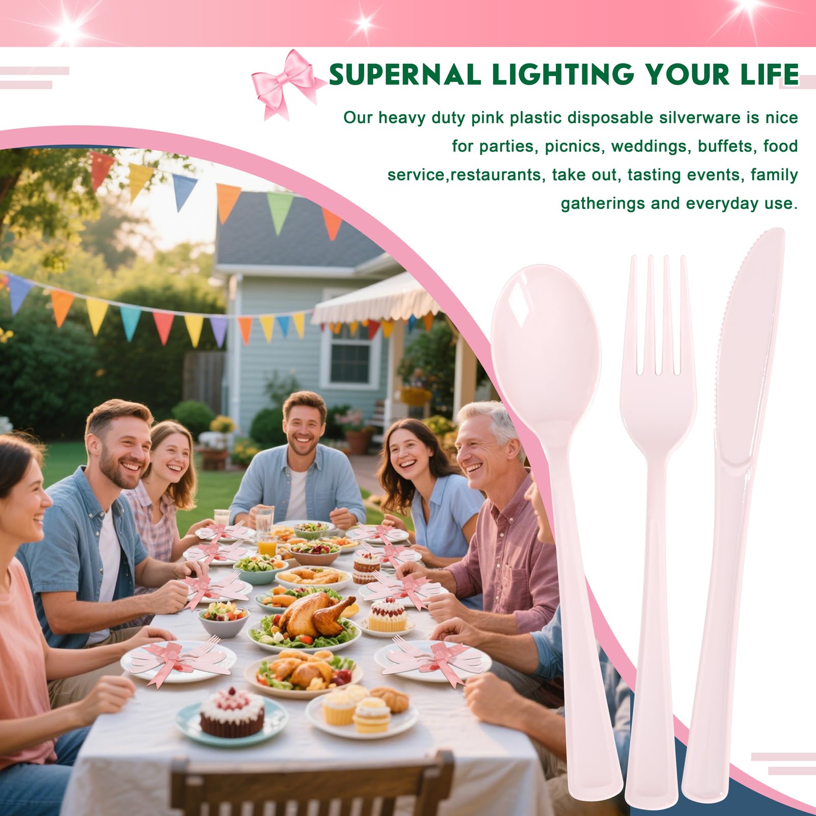 Supernal 300pcs Pink Plastic Silverware, Disposable Cutlery Set
