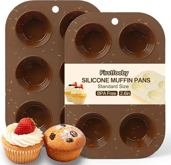 Firstfooby 2 Pack Silicone Muffin Pan for Baking, Regular Size Nonstick Cupcake Pan, 6-Cup Silicone Muffin Tin BPA Free Dishwasher Safe, Great for Muffin Cupcake Brownie Egg Tart