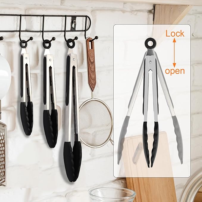 JIDSPWLS Premium Stainless Steel Heat Resistant Kitchen Tongs for cooking,set of 7"+9"+12" (Black),Non Scratch Silicone cooking Tong Tip for Cooking Pans,Strong Grip BBQ tongs for Grabbing Hot Food