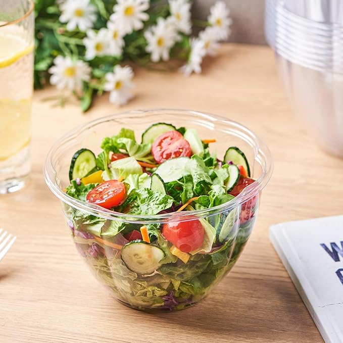 Jaluxing [48 oz. 50 Sets Clear Plastic Salad Bowls with Airtight Lids Disposable To Go Mixing Containers Serving for Fruit, Quinoa, Lunch and Meal Prep