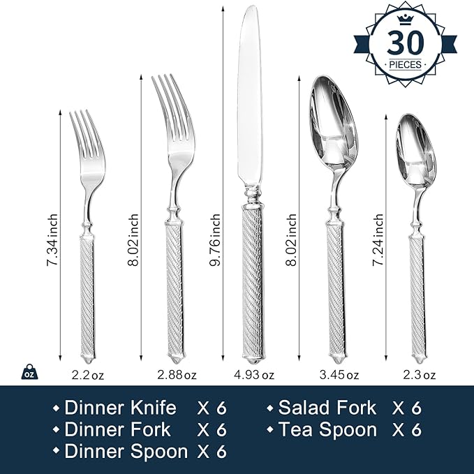 Silverware Set for 6, 30 Piece Flatware Set, 18/10 Stainless Steel