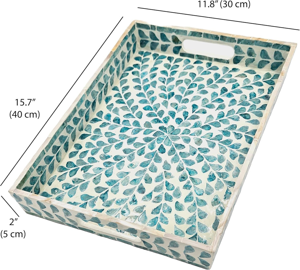 PEMAR Rectangular Mother of Pearl Serving Tray Nacre Wood Lap Ottoman Tray for Coffee Table, Luxury Decorative Handmade Eating Platters w Insert Handles (Teal Floral Pattern)