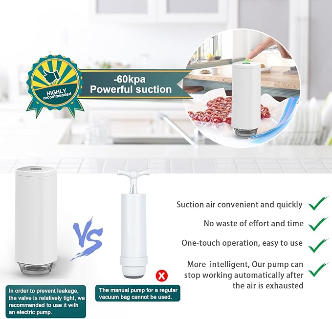 CABIBOX Handheld Electric Vacuum Sealer Machine Kit with 20Pcs Bags, 60KPa powerful suction, 5X freshness extension, 0.2mm double zipper storage, ideal for sous vide cooking & meal prep