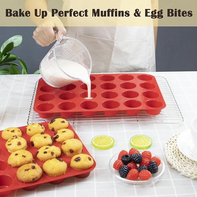 LERIYUFS 24 Cups Silicone Mini Muffin Pan Set, Nonstick Mini Cupcake Pans, BPA Free Small Muffin Tin for Baking, Set of 2 (Red+Red)