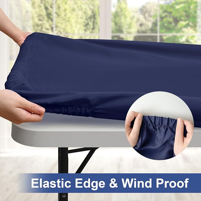homing Rectangle Table Cloth Cover, Water-Resistant Polyester Elastic Fitted Tablecloth, Fits for 6 Foot Folding Tables, Washable Table Protector for Picnic, Camping, Outdoor (Navy Blue, 30" x 72")