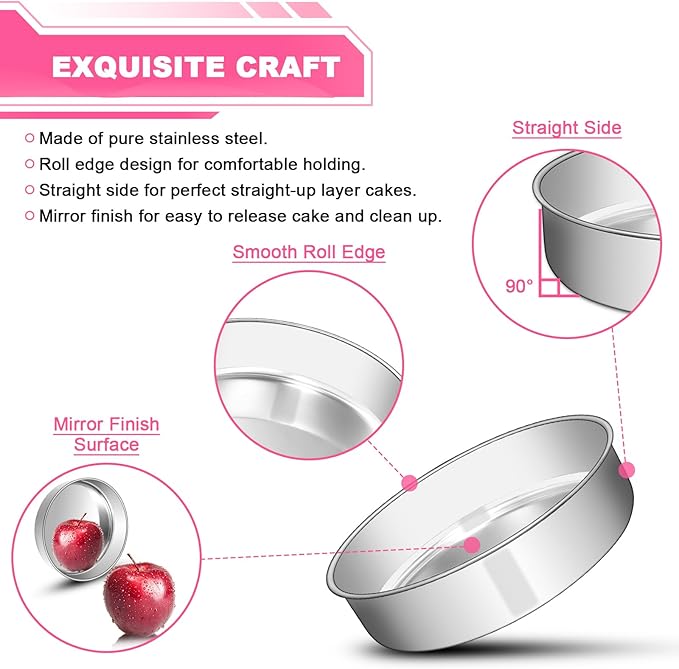 EWFEN 8 Inch Cake Pan Set of 2, Stainless Steel Round Layer Cake Baking Pans Tins, Non-Toxic & Healthy, Leak-proof & Easy Clean & Dishwasher Safe