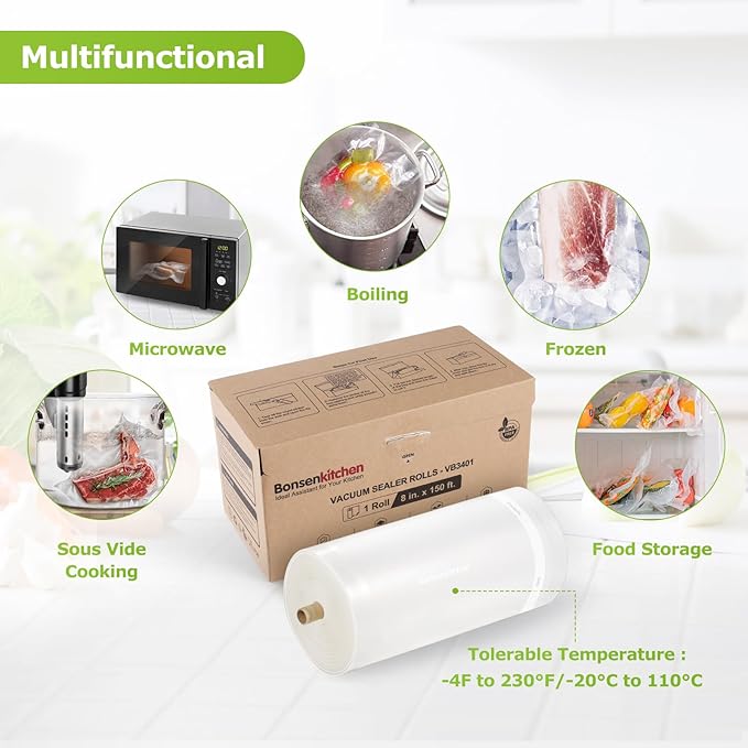 Bonsenkitchen 8” x 150’ Vacuum Sealer Bags Rolls with Cutter for Food
