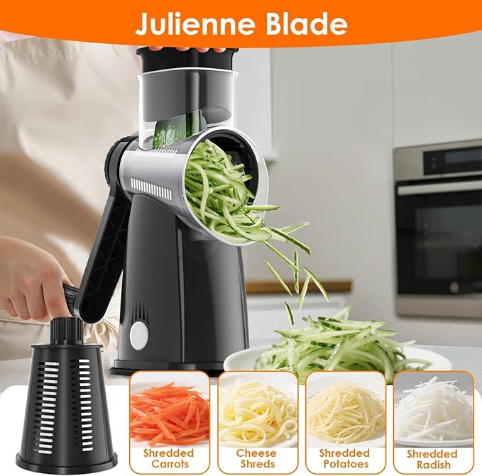 MealHelper 5 Blade Rotary Cheese Grater and Vegetable Chopper with Storage Box and Hand Crank, Compact Shredder for Cheeses, Veggies, Nuts - Easy to Use, Non-slip Suction Base,Black