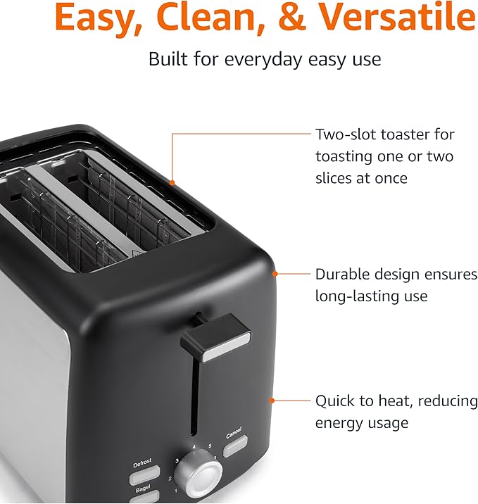 Amazon Basics 2 Slice Toaster, Extra Wide Slots for Bagels and Specialty Breads, 7 Browning Levels, Removable Crumb Tray, Defrost/Cancel/Bagel Buttons, 800W, Black & Silver
