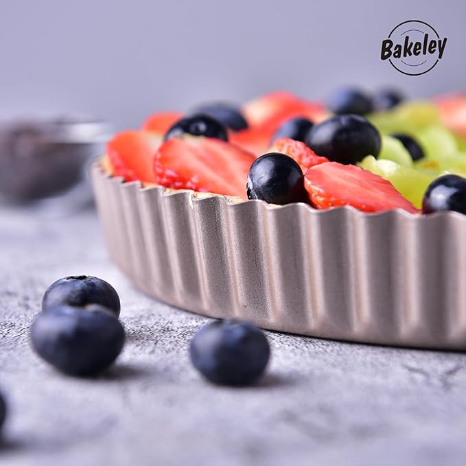 Bakeley 11-Inch Round Tart Pan with Loose Removable Bottom, Non-Stick Carbon Steel Quiche Pan for Oven Baking (Champagne Gold)