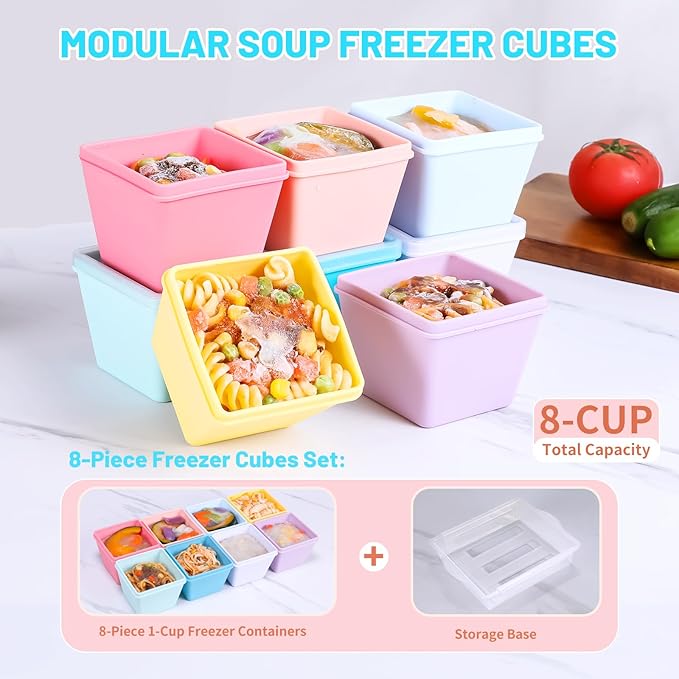 Gemice 1-Cup Silicone Freezer Molds with Lids & Base for Soup, 8-Pack