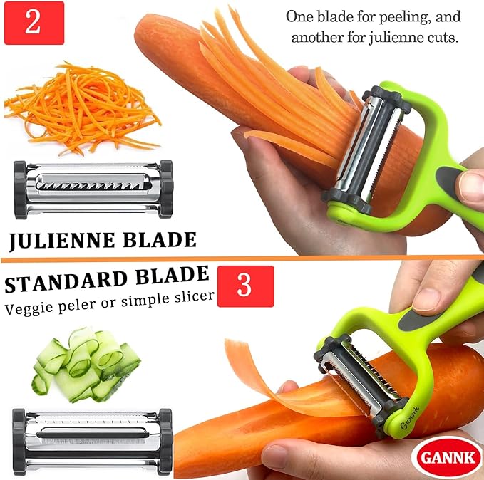 GANNK Potato Apple Vegetable Peelers for Kitchen, I and Y Peelers for Fruit Veggie Potatoes Carrot Cucumber, 3 in 1 Blade Spin Design With Julienne Multifunctional