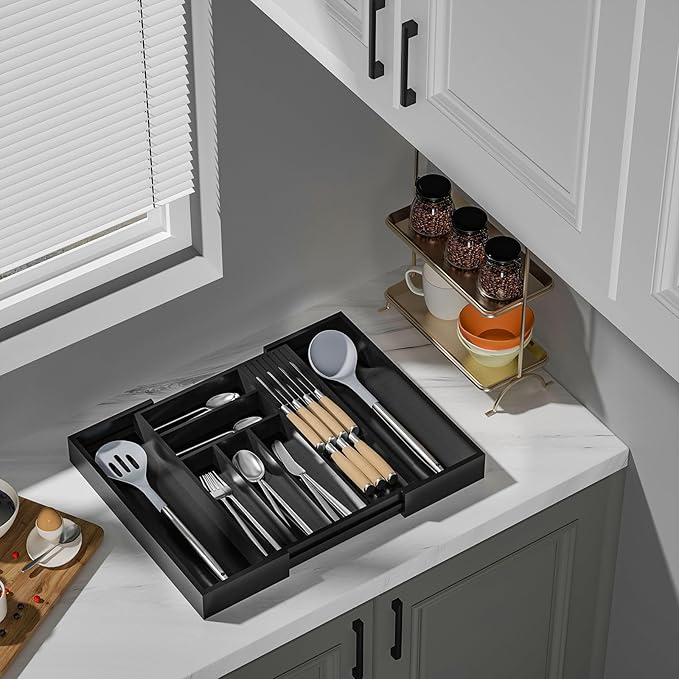 TIOPGHAD Expandable Bamboo Silverware Drawer Organizer Kitchen Tray, Black