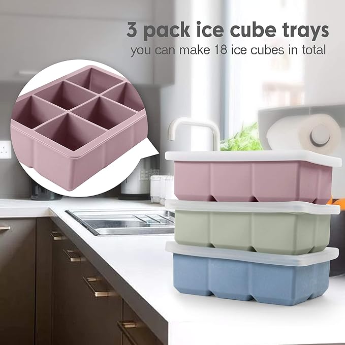 Excnorm Silicone Ice Cube Trays 3 Pack - Large Size Silicone Ice Cube Molds with Leak Proof Removable Lid Square Ice Cube Tray And BPA Free for Cocktail,Whiskey, Stackable Flexible Ice