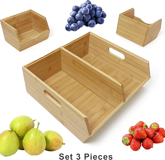 MinBoo Bamboo Stackable Pantry Storage Bins Potato and Onion Storage,Fruit Basket for Pantry Organization,Fruit Bowl for Kitchen Counter,Fruit and Vegetable Storage (Bamboo)