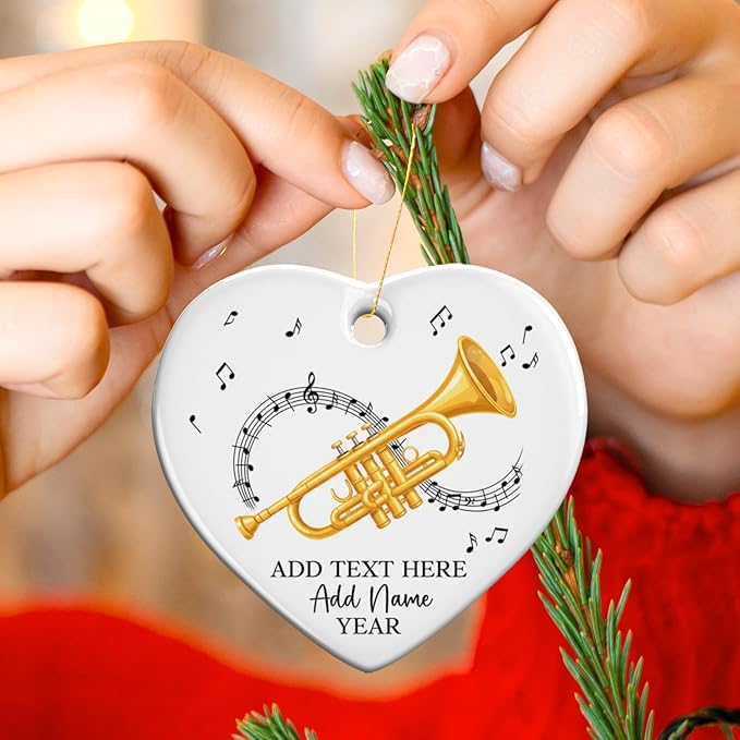 Personalized Text Name Year Trumpet Xmas Ceramic Ornaments, Trumpet Instrument Christmas Tree Ornament 2026, Trumpetist Christmas Ornament Gift for Men Women, Instrument Themed Xmas Decor