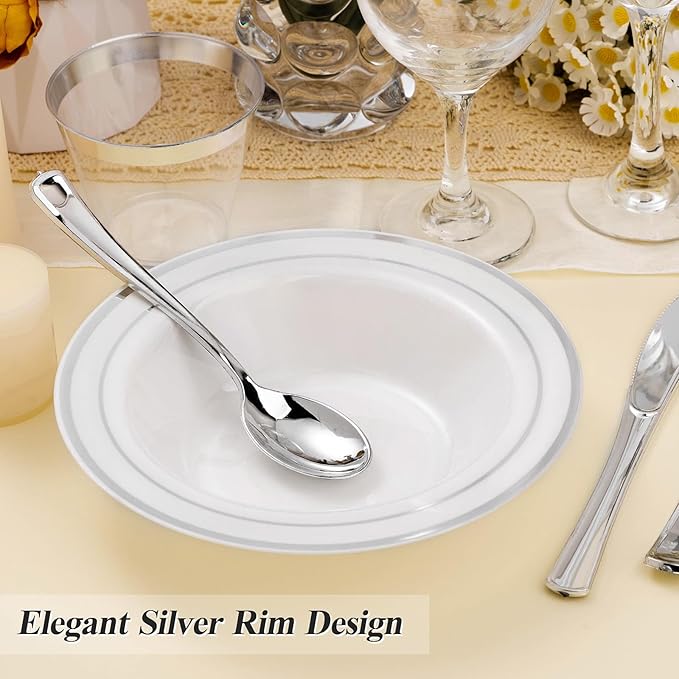 BESTSTAR 50 Pack Disposable Soup Bowls with Silver Rim