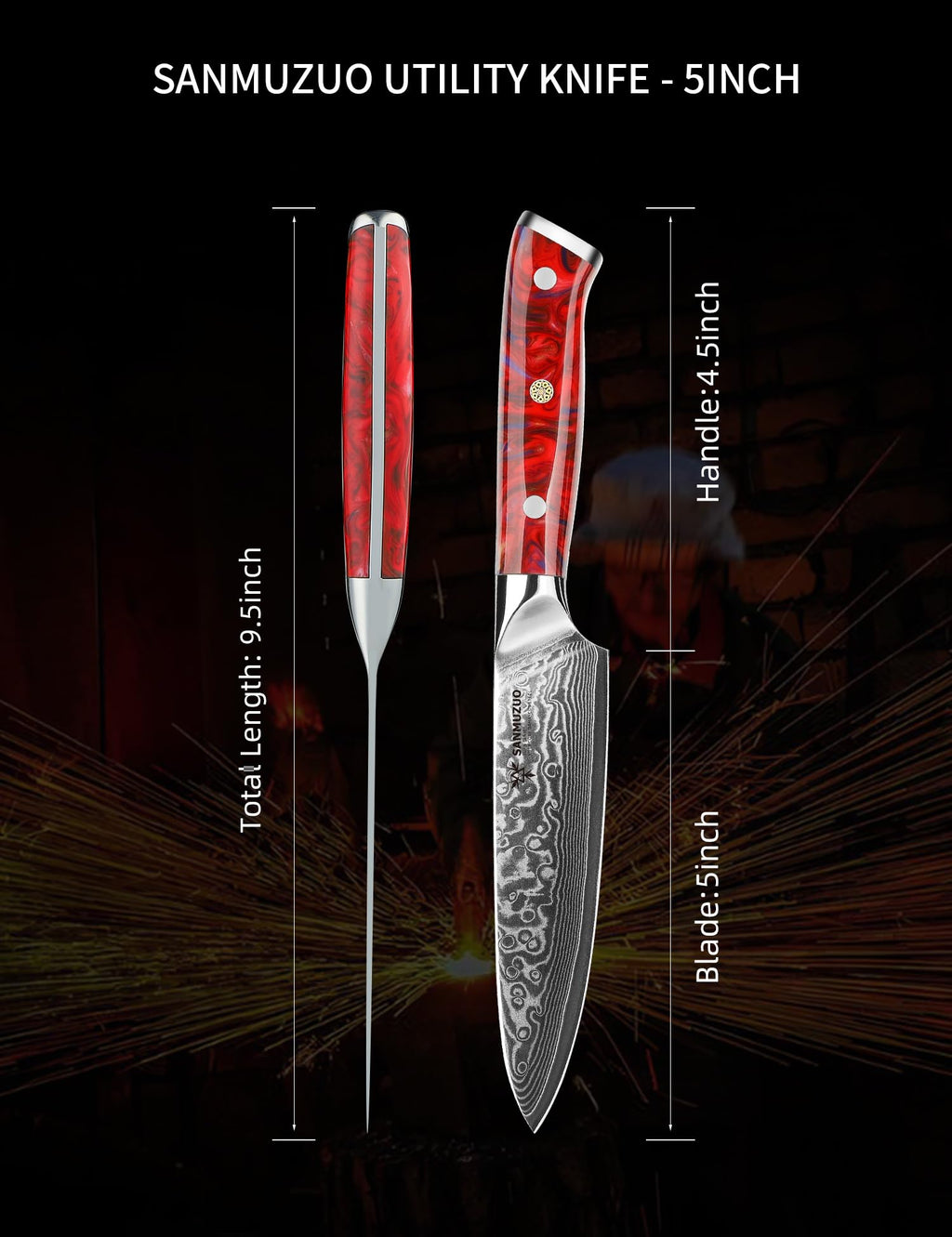 SANMUZUO 5 Inch Kitchen Utility Knife - Xuan Series Kitchen Knives - VG10 Damascus Steel with Resin Handle (Sunset Red)