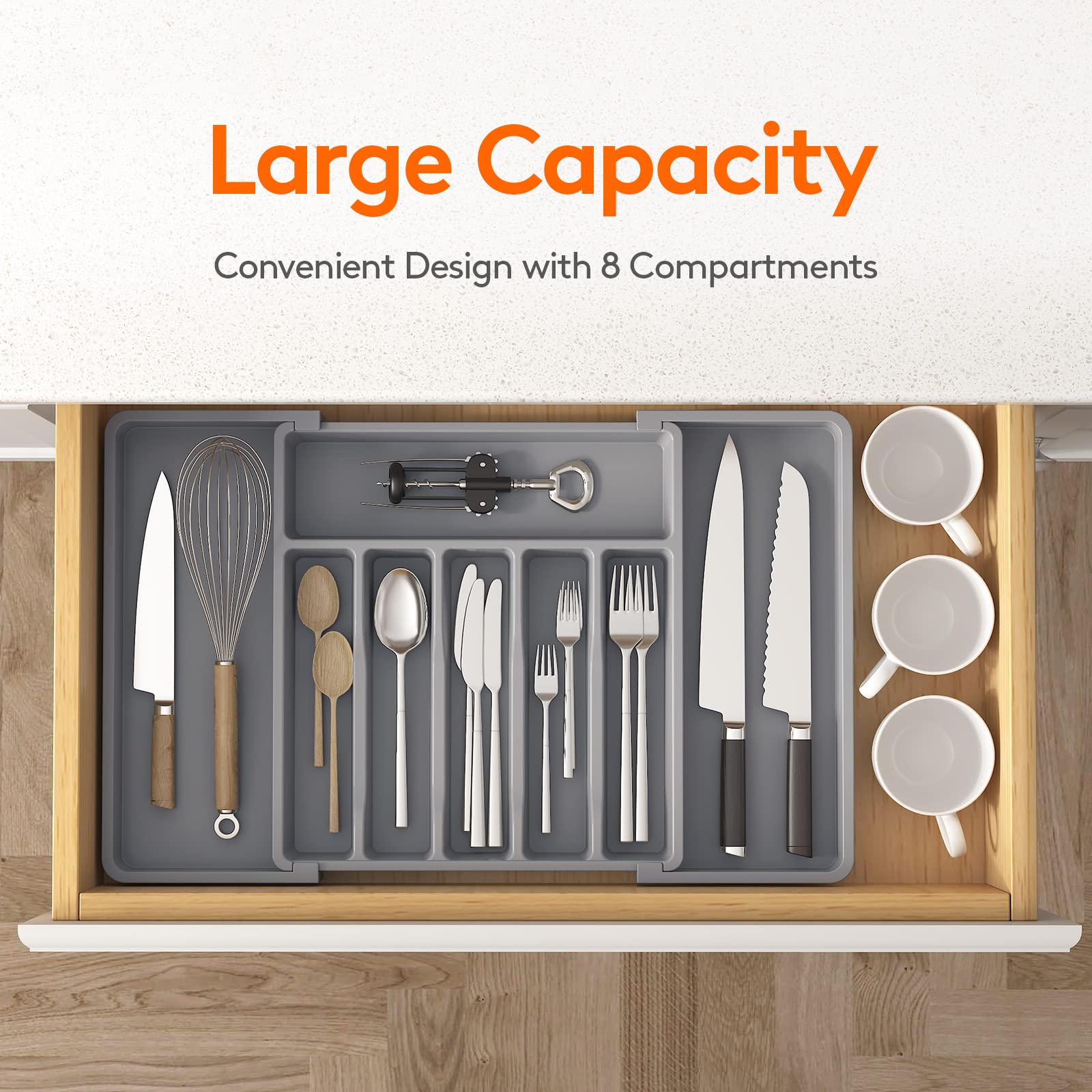 Lifewit Extra Large Silverware Drawer Organizer, Expandable Utensil Tray for Kitchen, BPA Free Flatware and Cutlery Holder, Adjustable Plastic Storage for Spoons Forks Knives, 13-22 x 15, Gray