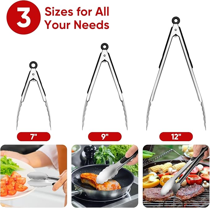7/9/12 Inch Kitchen Tongs Set, Stainless Steel Cooking Tongs (7"+9"+12")