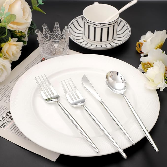 SUT 300PCS Silver Cutlery Set, Heavy Duty Disposable Utensils Include 100 Forks, 100 Spoons and 100 Knives, Premium Flatware for Party, Wedding, Birthday and Catering Events