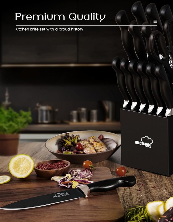 Amorston Knife Set 15 Piece Kitchen Knife Set with Block