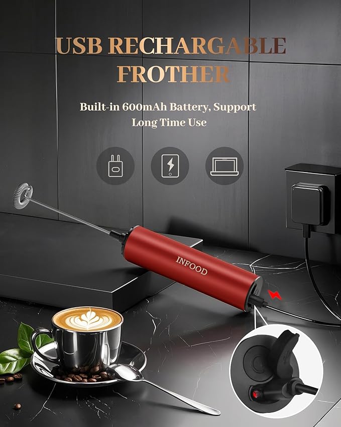 INFOOD Rechargeable Milk Frother with Cover, 2-Speed, 2 Whisks, Red