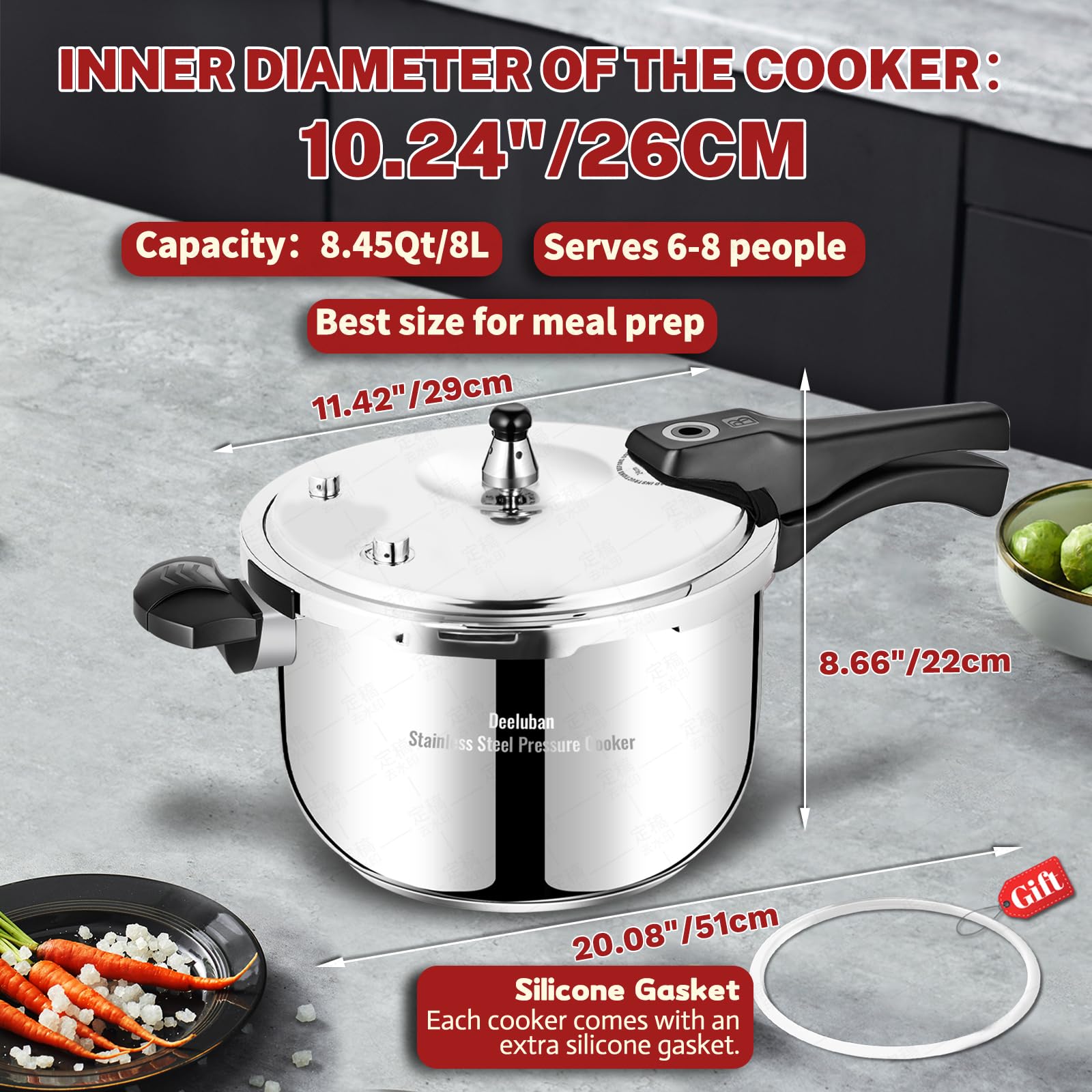 Stainless Steel Pressure Cooker 8 Quart, Stove Top & Induction Compatible, Heavy-Duty Multi-Safety System, Food-Grade for Home Commercial Use, Deeluban