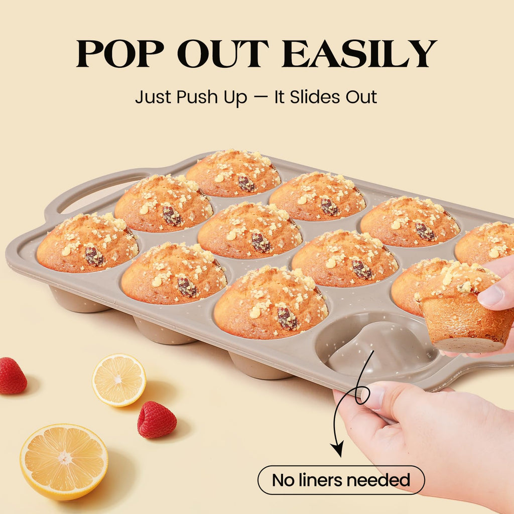 Vinino 2Packs Silicone Muffin Pans for Baking with Metal Reinforced Frame, 12 Cups Regular and 24 Cups Mini Nonstick Cupcake Pan, BPA Free Oven Dishwasher Safe Baking Mold for Muffins Cupcakes