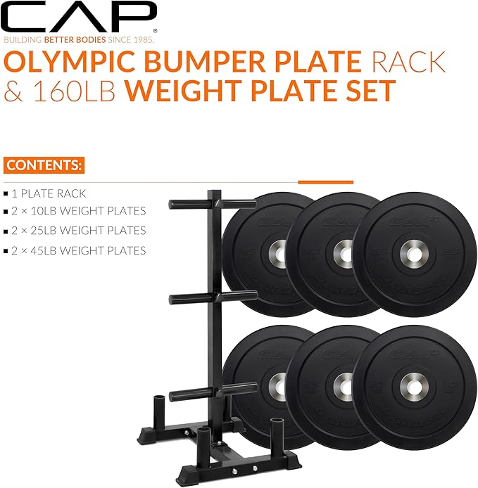 CAP 160lb Pro Olympic Bumper Plate Set with Storage Rack