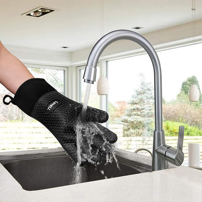 Loveuing Kitchen Oven Gloves - Dual-Layer Heat Resistant Grilling Gloves, Silicone Oven Mitts with 5 Fingers, Waterproof Non-Slip Pot Holder for Barbecue, Cooking, Baking (Small, Black Long)