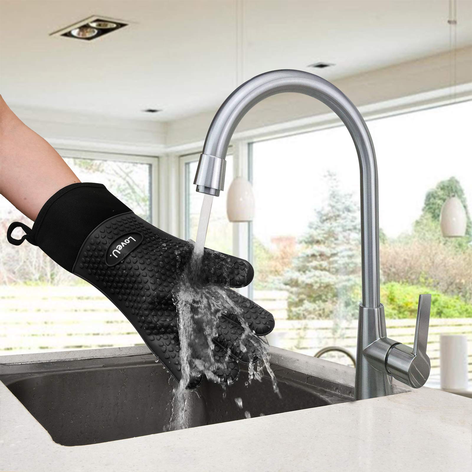 Loveuing Kitchen Oven Gloves - Dual-Layer Heat Resistant Grilling Gloves, Silicone Oven Mitts with 5 Fingers, Waterproof Non-Slip Pot Holder for Barbecue, Cooking, Baking (XL-XXXL, Black Long)