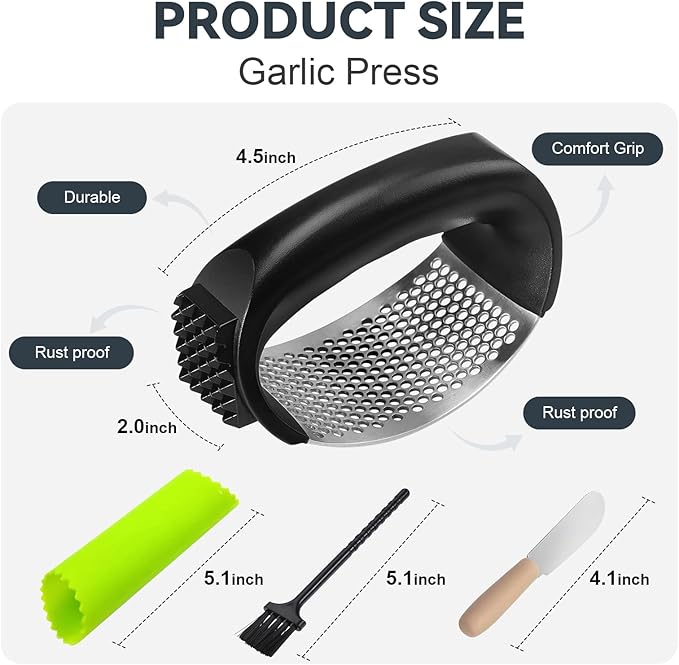 Ywmoml 2 Pack Garlic Press Rocker Set – Innovative Stainless Steel Garlic Mincer & Crusher with 2 Peelers, 2 Scrapers, and 2 Brushes for Effortless Garlic Prep | Complete Garlic Tool Kit (GREEN)