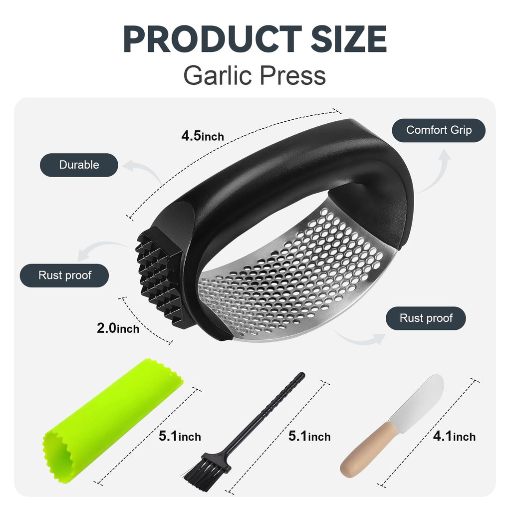 Ywmoml 2 Pack Garlic Press Rocker Set – Innovative Stainless Steel Garlic Mincer & Crusher with 2 Peelers, 2 Scrapers, and 2 Brushes for Effortless Garlic Prep | Complete Garlic Tool Kit (GREEN)
