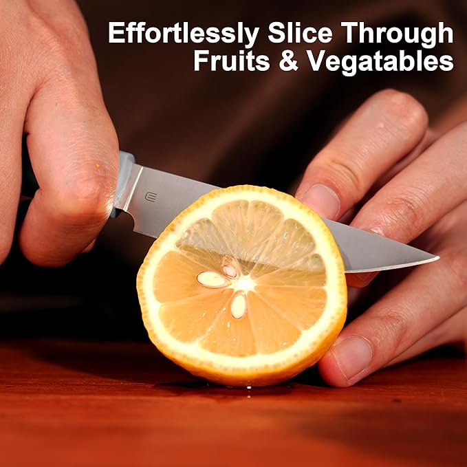 Butterfork 3.5 Inch Paring Knife, AR-RPM9 Steel Fruit Vegetable Knife with Ergonomic ABS Handle Oak Sheath, Ultra Sharp Kitchen Knife for Peeling Coring Cutting, Gift for Home Chefs