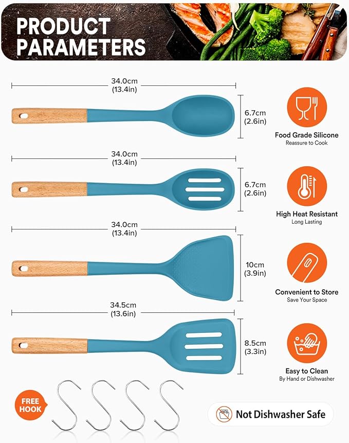 Badiano Silicone Cooking Utensils Set, Safe for Nonstick Cookwares, Blue