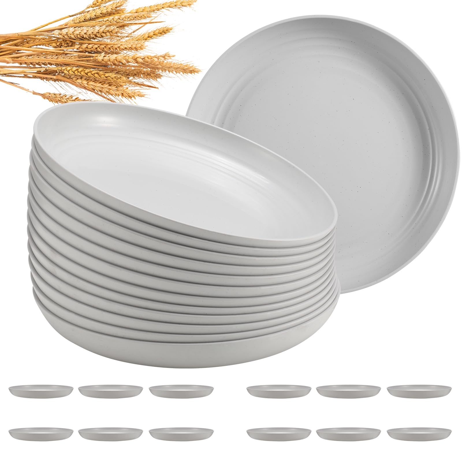 HEYCOME 12 Pcs Unbreakable Deep Dinner Plates Set, 10 inch Reusable Plastic Wheat Straw Plates, Microwave and Dishwasher Safe Plate for Kitchen, Lightweight Plate for Dessert, BPA Free, White Gray