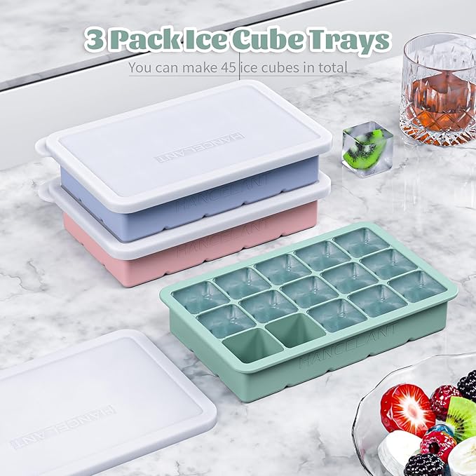 Silicone Ice Cube Tray 3 Pack, HANCELANT Ice Cube Mold, Ice Trays for Freezer with Lid for Whiskey, Cocktail, Drinks and Food, Freezer, BPA Free, Easy Release