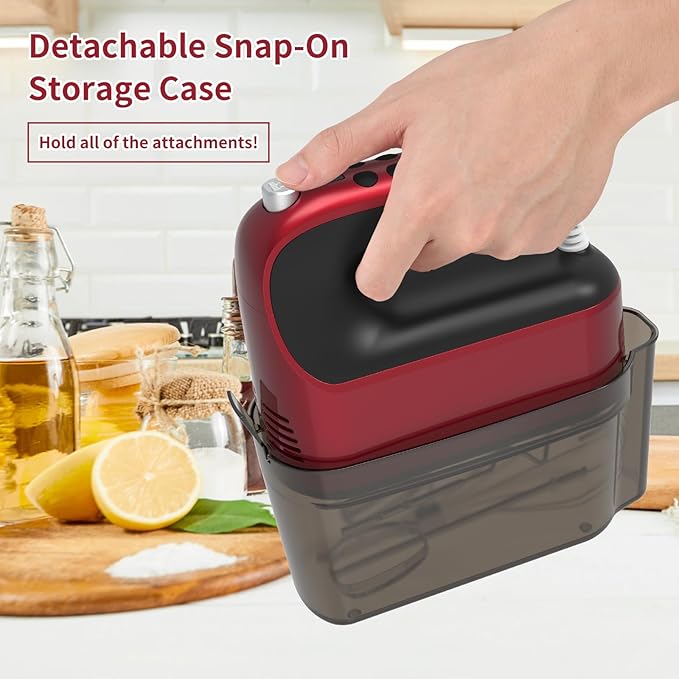Yomelo 9-Speed Digital Hand Mixer Electric, 400W Powerful DC Motor, Hand Mixer Electric Handheld with Snap-On Storage Case, 5 Stainless Steel Accessories, Beaters, Dough Hooks, Whisk(Red)