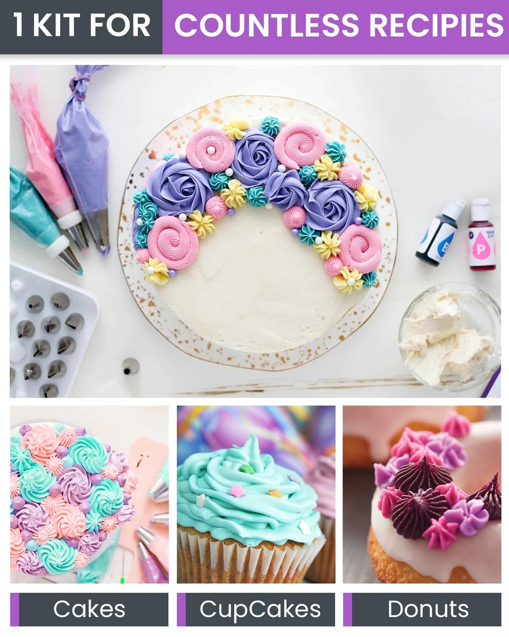 RFAQK 74 PCs Icing Piping Bags and Tips Set, Cake Decorating Kit with 48-Numbered Piping Tips, 20+1 Pastry Bags for Cookie Cupcake Cake Decoration, with Booklet and E-book (Purple)