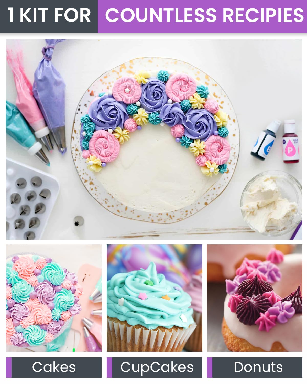RFAQK 74 PCs Icing Piping Bags and Tips Set, Cake Decorating Kit with 48-Numbered Piping Tips, 20+1 Pastry Bags for Cookie Cupcake Cake Decoration, with Booklet and E-book (Purple)