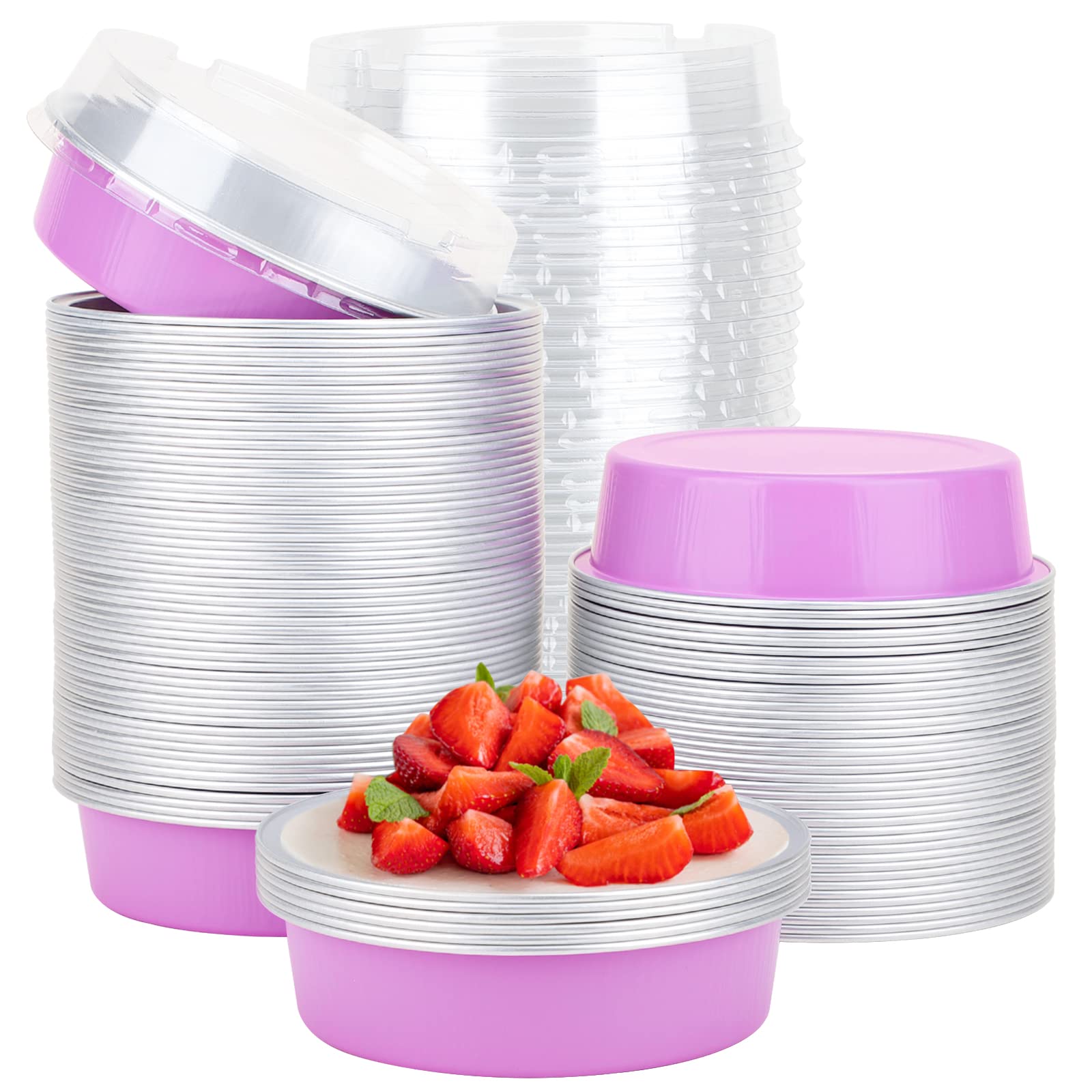 Beasea Disposable Mini Pans with Lids, 100 Pack 4” 8oz Light Pink Aluminum Baking Foil Tins Round Small Tart Container for Individual Cupcake Dessert Muffin Ramekin Cheesecake Quiche Oven Dishes