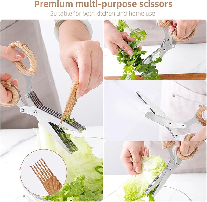 ccraowo 2025 New Herb Scissors Set - Wood Grain Pattern 5 Blades with Cover and Comb - Skin-Friendly Handle, Delicate Grip - Dishwasher Safe, Anti-Rust Stainless Steel for Cutting Fresh Garden Herbs