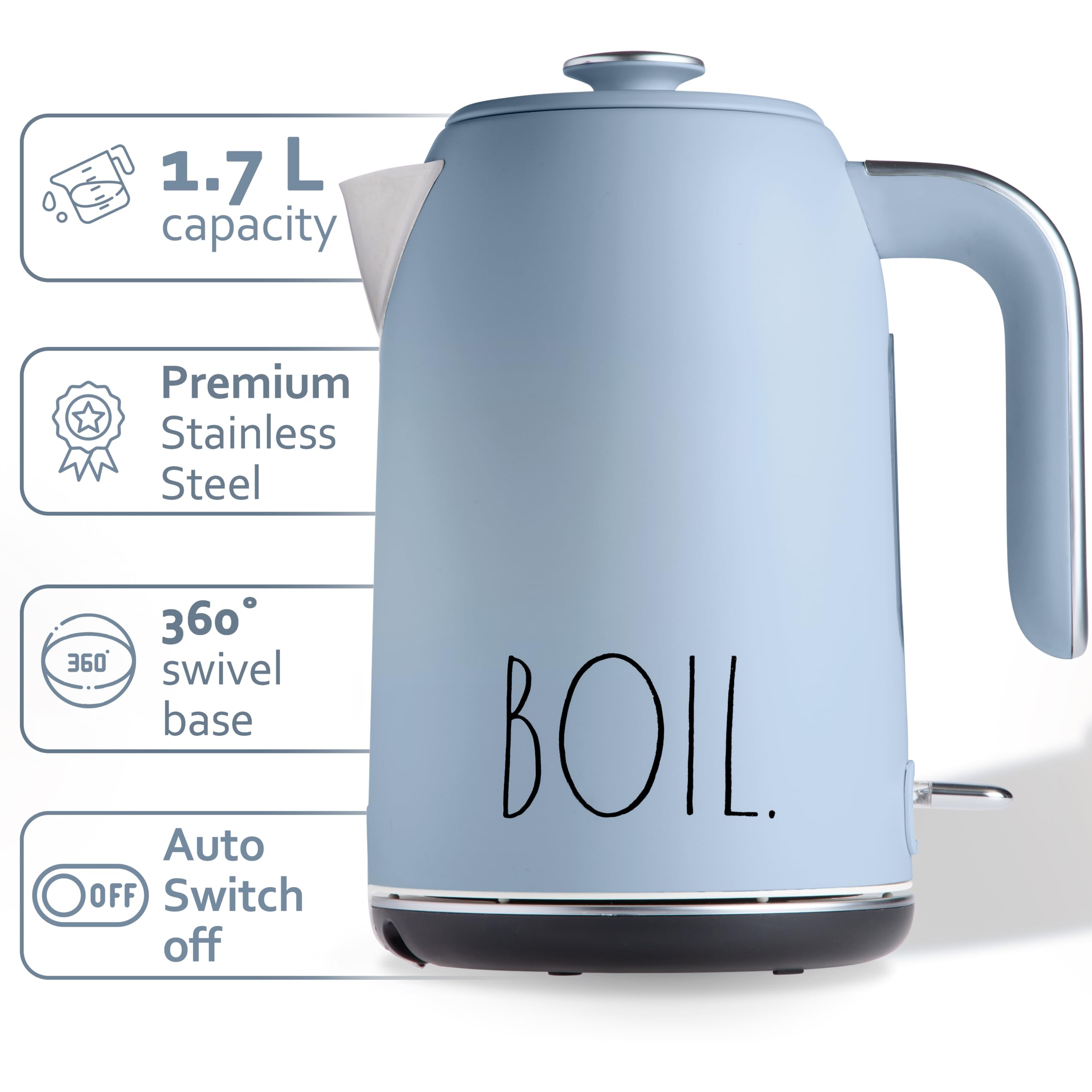 Rae Dunn Electric Hot Water Kettle - Stainless Steel Coffee Maker, Tea Kettle, Swivel Base, With Automatic Shut Off Boil-Dry Protection, Easy Pour, 1500 Watt Boiling Power, 1.7 Liters, Baby Blue