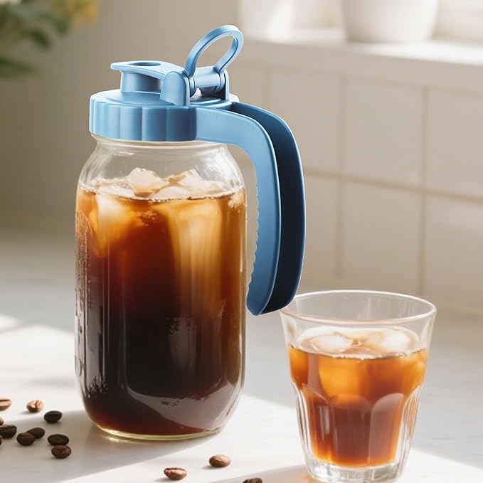 GMAEURL Mason Jar Pitcher With Stainless Steel Filter 64 OZ Wide Mouth Cold Brew Coffee Maker 2 Quart Glass water pitcher with lid Half Gallon Cold hot Tea maker For Lemonade Milk Juice Refrigerator