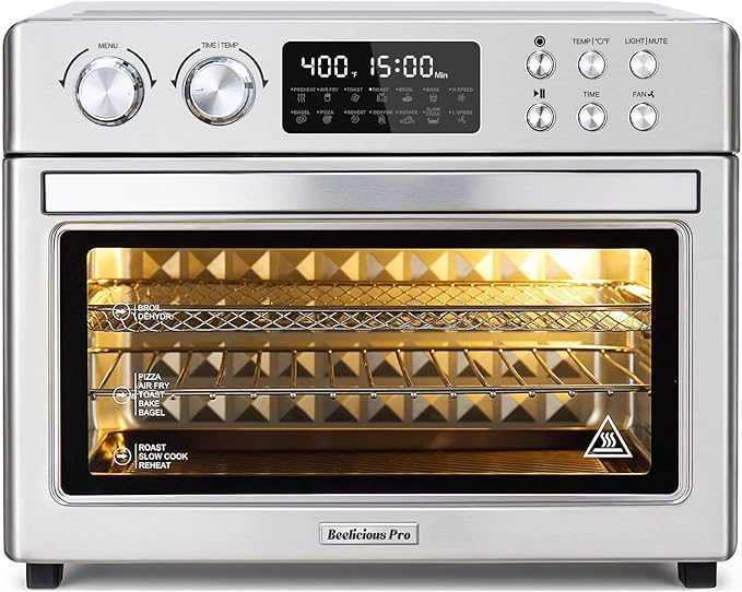 28QT Air Fryer Toaster Oven Combo, Large 12-in-1 Convection Countertop Oven with 3-Layer Cooking, Rotisserie for Chicken, 6 Heating Tubes, Fast Preheat, Fit 11" Pizza, Stainless Steel